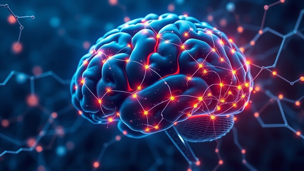 Brain neural network visualization showing glowing connections and synaptic activity, representing neuroplasticity and meditation benefits, abstract scientific imagery, photorealistic rendering