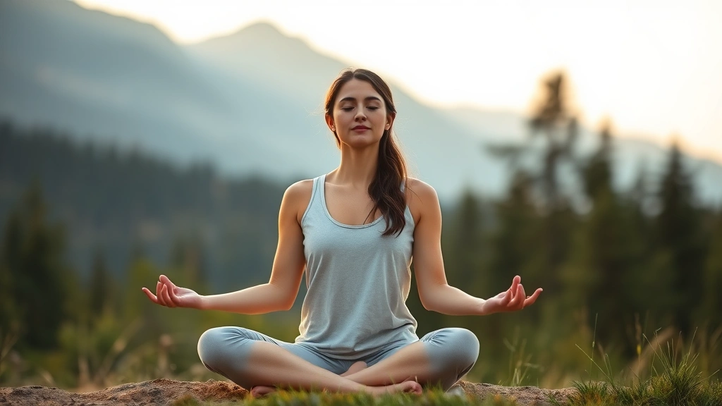 Woman practicing mindfulness meditation outdoors in nature setting, sitting peacefully with mountains or forest background, soft golden hour lighting, calm centered posture, photorealistic photography
