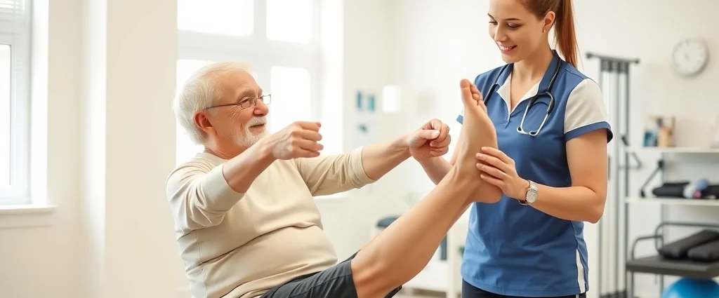 Professional physical therapy assistant helping elderly patient with leg exercises in bright, modern rehabilitation clinic with equipment visible in background