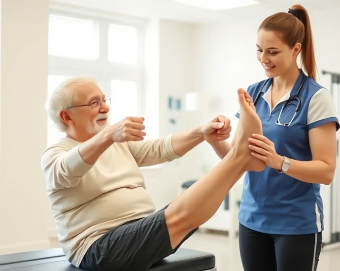 Professional physical therapy assistant helping elderly patient with leg exercises in bright, modern rehabilitation clinic with equipment visible in background
