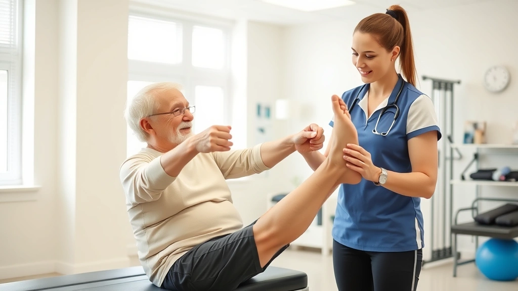 Professional physical therapy assistant helping elderly patient with leg exercises in bright, modern rehabilitation clinic with equipment visible in background
