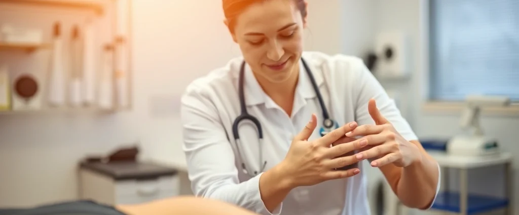 Physical therapist performing hands-on manual therapy assessment on patient's shoulder, clinical rehabilitation setting, professional medical environment, warm lighting, focused clinical care