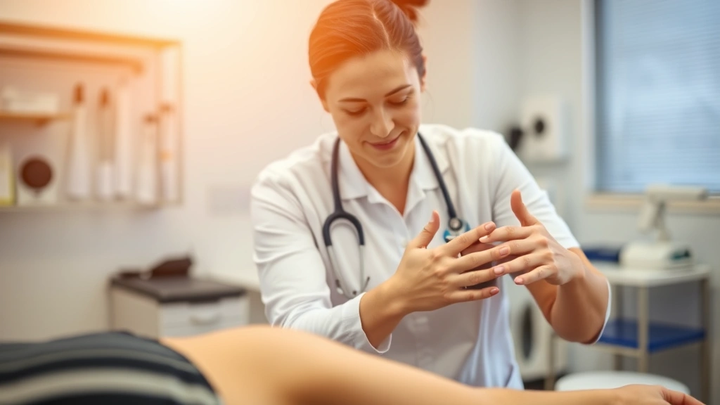 Physical therapist performing hands-on manual therapy assessment on patient's shoulder, clinical rehabilitation setting, professional medical environment, warm lighting, focused clinical care