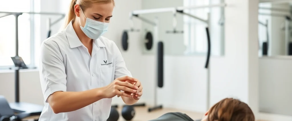 Professional physical therapist performing hands-on manual therapy treatment on patient's shoulder in modern bright clinic setting with exercise equipment visible in background
