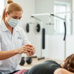 Professional physical therapist performing hands-on manual therapy treatment on patient's shoulder in modern bright clinic setting with exercise equipment visible in background