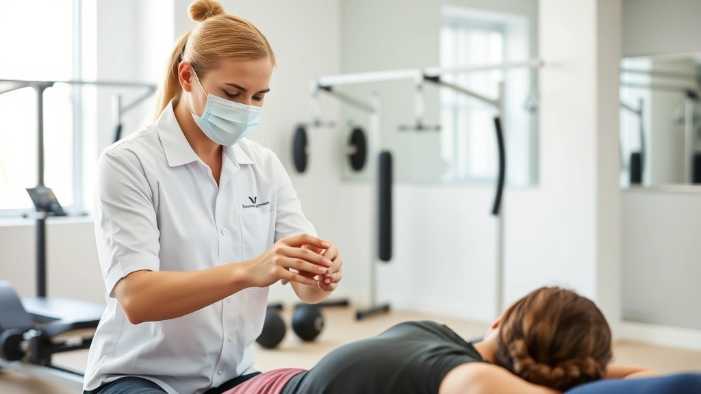 Professional physical therapist performing hands-on manual therapy treatment on patient's shoulder in modern bright clinic setting with exercise equipment visible in background