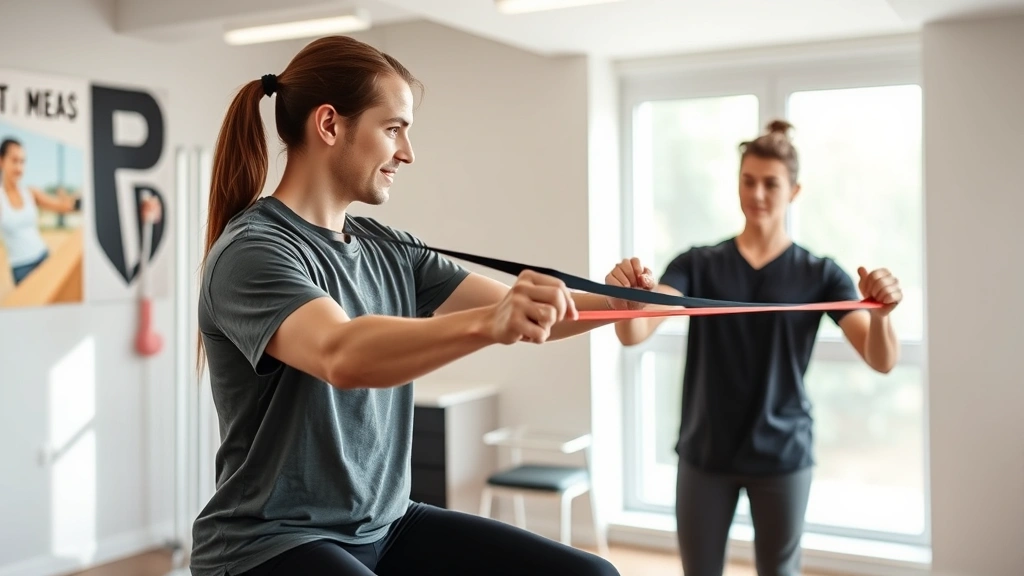 Patient performing strengthening exercise with resistance band under physical therapist supervision, modern rehabilitation clinic interior, motivational therapeutic atmosphere, natural daylight