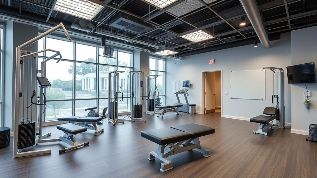 Advanced physical therapy clinic interior with modern rehabilitation equipment, resistance machines, and treatment tables in contemporary medical facility