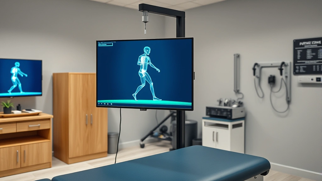 Advanced 3D motion analysis technology system in physical therapy clinic, computer screen displaying movement patterns, biomechanical assessment equipment, professional healthcare technology setting