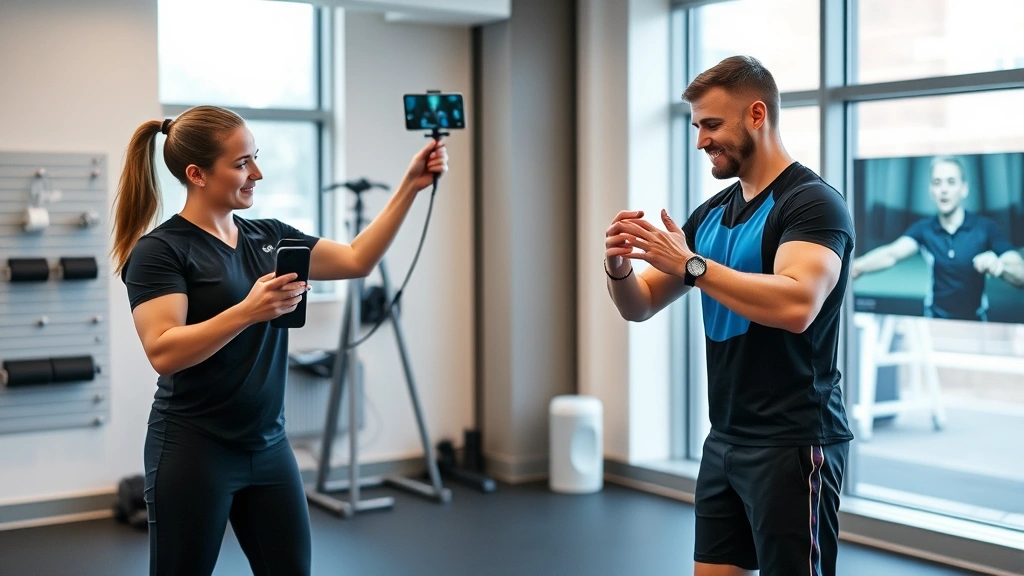 Athletic physical therapist guiding patient through functional movement assessment using motion capture technology in state-of-the-art Boston healthcare facility