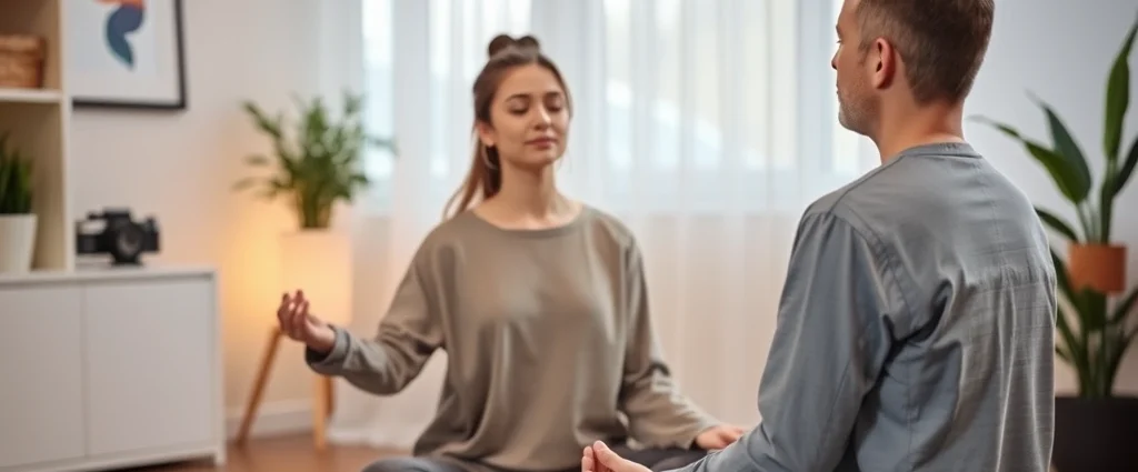 Serene therapist guiding patient through mindfulness meditation in modern clinical office with warm lighting, calm neutral colors, patient sitting peacefully with eyes closed