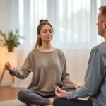 Serene therapist guiding patient through mindfulness meditation in modern clinical office with warm lighting, calm neutral colors, patient sitting peacefully with eyes closed