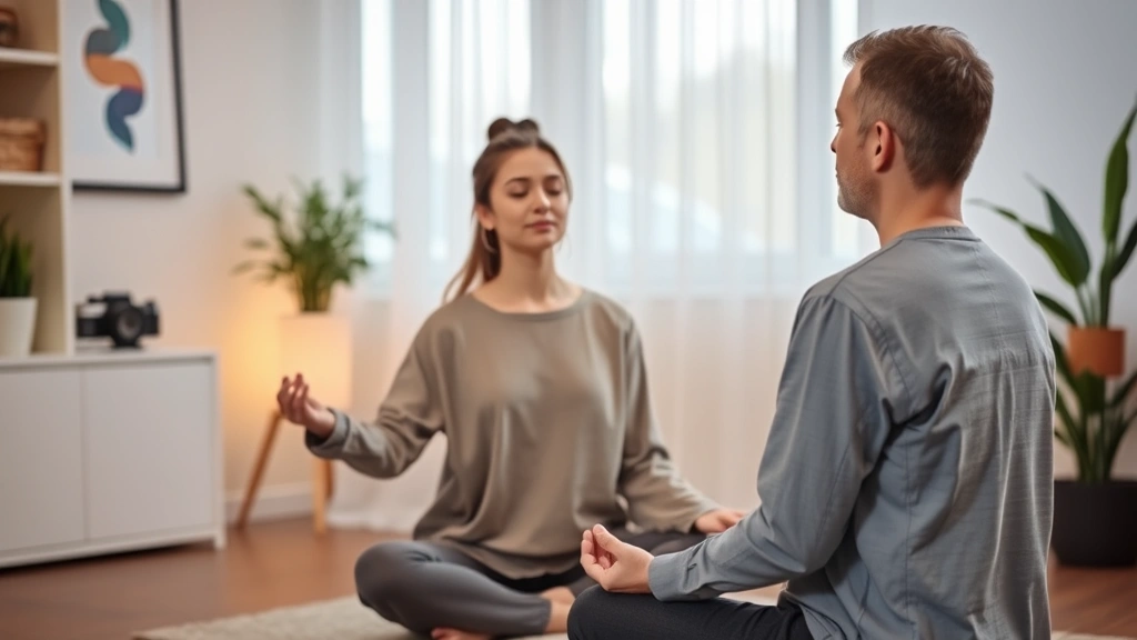 Serene therapist guiding patient through mindfulness meditation in modern clinical office with warm lighting, calm neutral colors, patient sitting peacefully with eyes closed