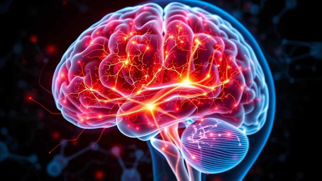 Brain scan visualization showing neural pathways and activated regions in prefrontal cortex and limbic system, abstract scientific medical imaging illustration
