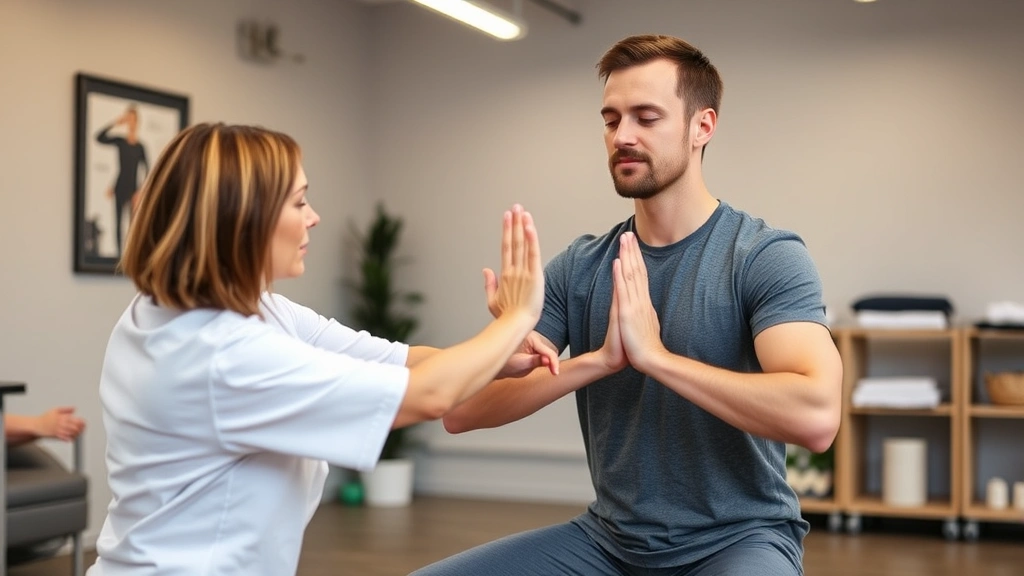 Physical therapist working with patient performing mindful movement exercise, both in professional healthcare setting, patient demonstrating proper form with focused awareness