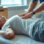 Photorealistic image of a physical therapist performing hands-on rib mobilization technique on a patient lying supine in a clinical setting, showing professional manual therapy technique with proper lighting and medical environment