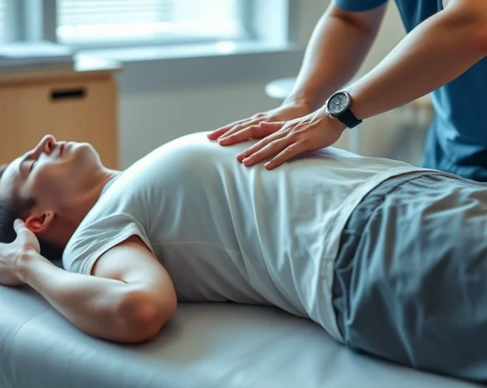 Photorealistic image of a physical therapist performing hands-on rib mobilization technique on a patient lying supine in a clinical setting, showing professional manual therapy technique with proper lighting and medical environment