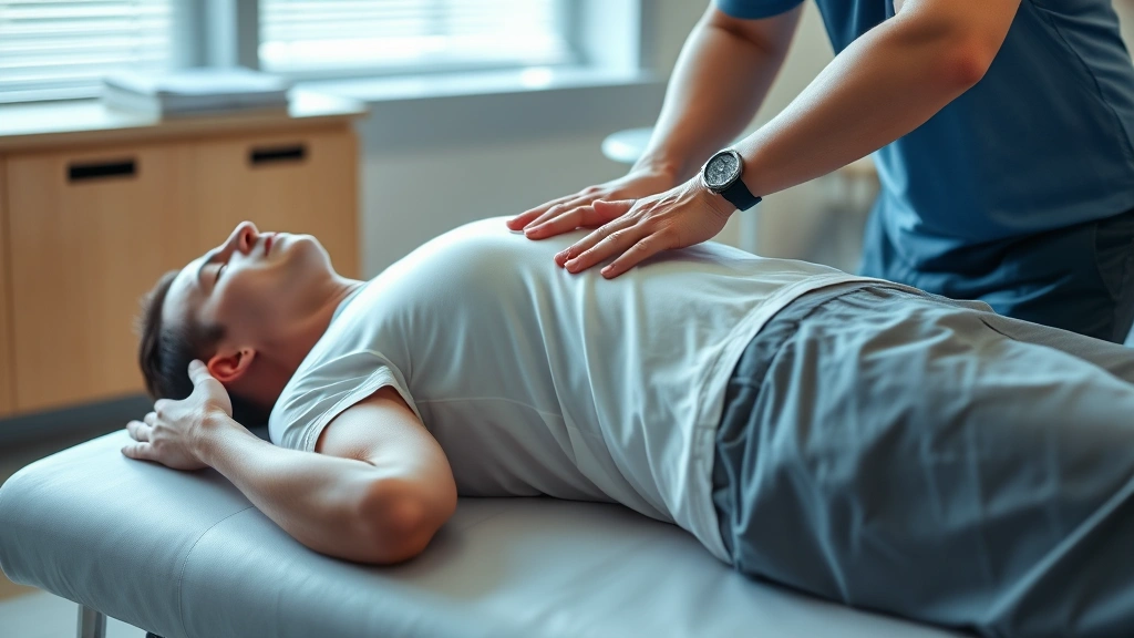 Photorealistic image of a physical therapist performing hands-on rib mobilization technique on a patient lying supine in a clinical setting, showing professional manual therapy technique with proper lighting and medical environment
