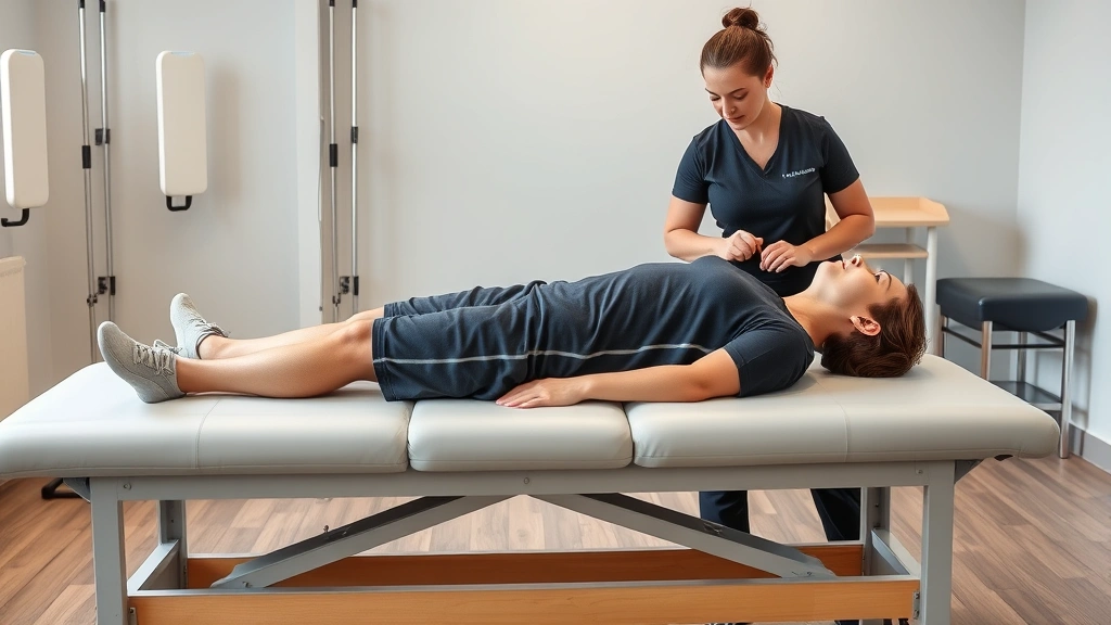 Photorealistic image of a patient in 90/90 breathing position lying on treatment table with knees bent, demonstrating diaphragmatic breathing mechanics with a physical therapist guiding proper form in a modern rehabilitation facility