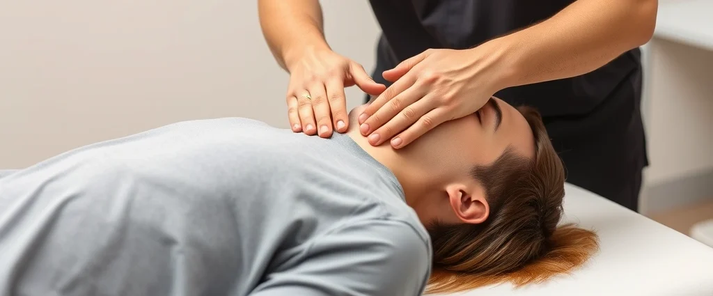 Physical therapist performing cervical spine manual therapy on patient lying supine, hands positioned on neck area, professional clinical setting with neutral background, photorealistic