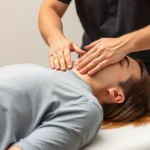 Physical therapist performing cervical spine manual therapy on patient lying supine, hands positioned on neck area, professional clinical setting with neutral background, photorealistic
