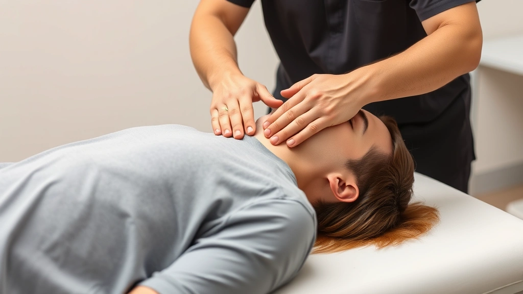 Physical therapist performing cervical spine manual therapy on patient lying supine, hands positioned on neck area, professional clinical setting with neutral background, photorealistic