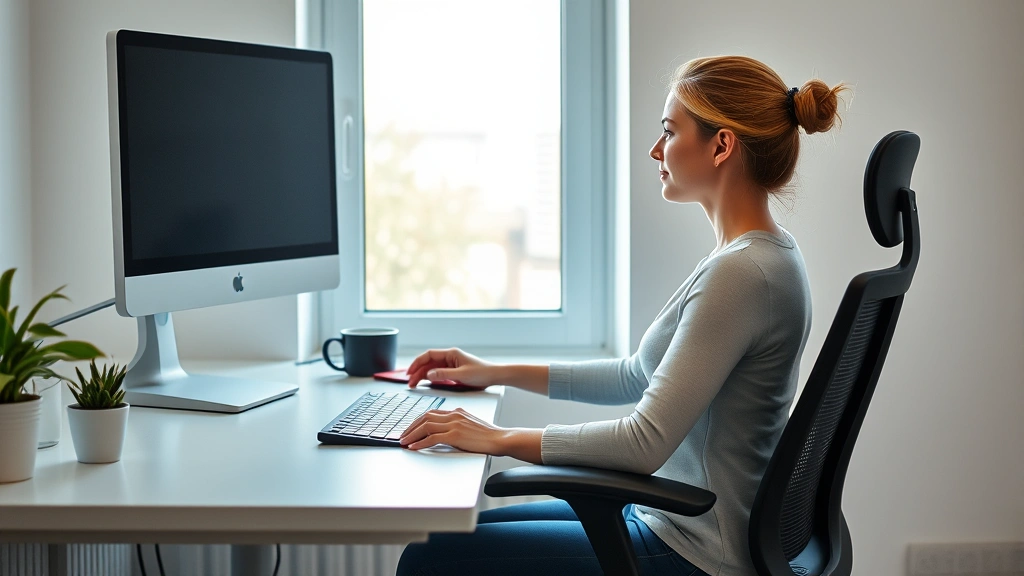 Woman sitting at desk with perfect posture, monitor at eye level, ergonomic chair support, natural lighting through window, showing correct workstation setup