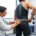 Professional physical therapist performing hip joint assessment on athletic patient in modern clinic setting, hands-on evaluation technique, natural lighting, clinical environment