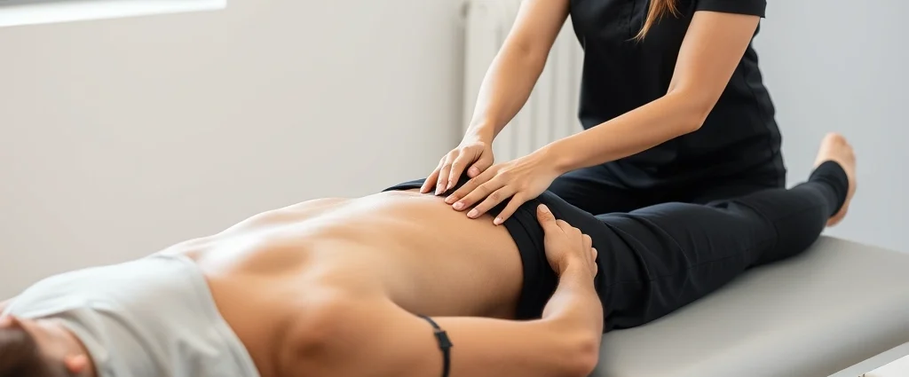 Professional female physical therapist performing manual pelvic joint mobilization on male patient lying on treatment table in modern clinical setting, hands demonstrating therapeutic technique