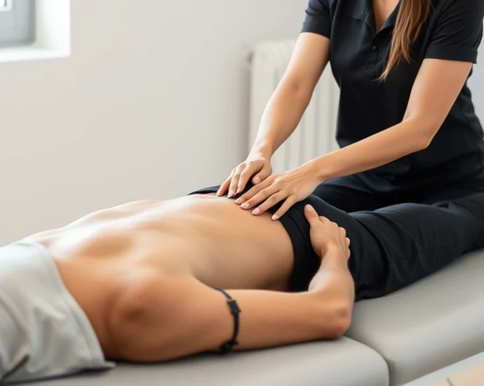 Professional female physical therapist performing manual pelvic joint mobilization on male patient lying on treatment table in modern clinical setting, hands demonstrating therapeutic technique