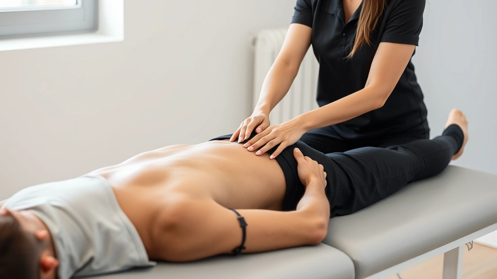 Professional female physical therapist performing manual pelvic joint mobilization on male patient lying on treatment table in modern clinical setting, hands demonstrating therapeutic technique