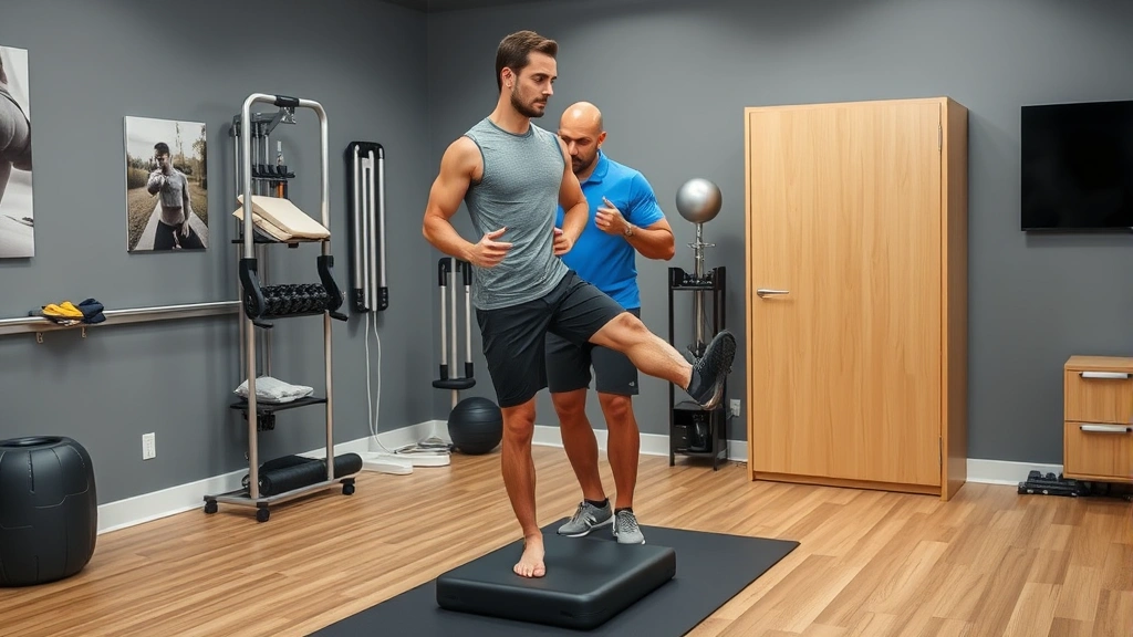 Male athlete in physical therapy clinic performing single-leg stance balance exercise on foam pad while therapist provides guidance, showing functional stability training