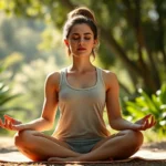 Person sitting in serene lotus position meditating in natural sunlight, peaceful facial expression, surrounded by soft green plants and calming natural environment, photorealistic