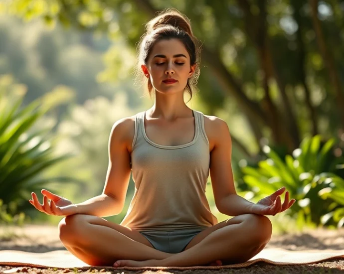 Person sitting in serene lotus position meditating in natural sunlight, peaceful facial expression, surrounded by soft green plants and calming natural environment, photorealistic