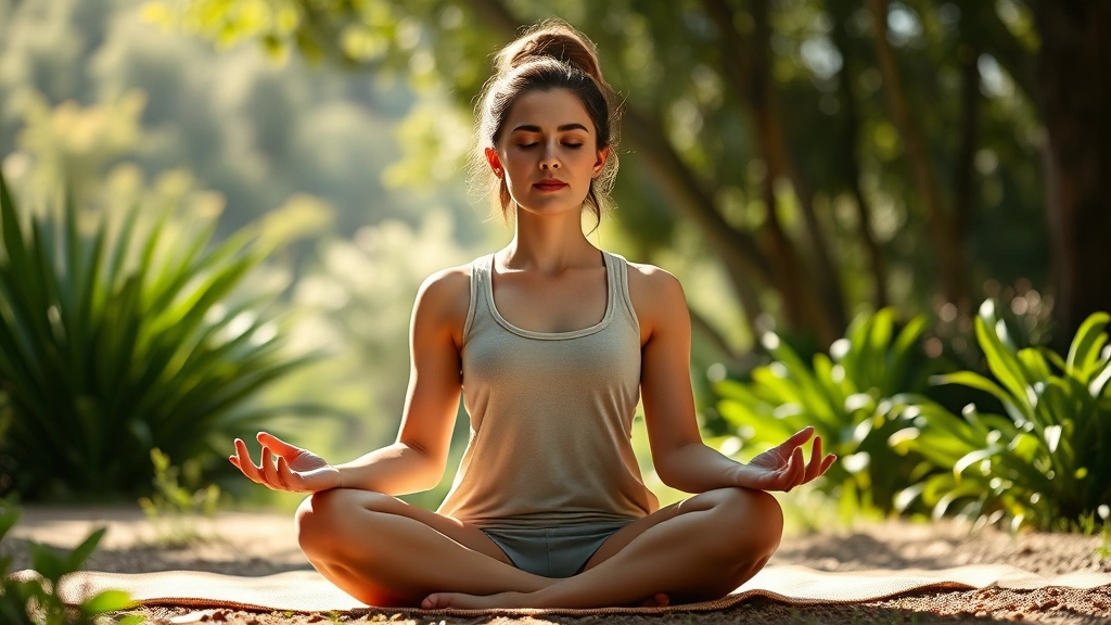 Person sitting in serene lotus position meditating in natural sunlight, peaceful facial expression, surrounded by soft green plants and calming natural environment, photorealistic