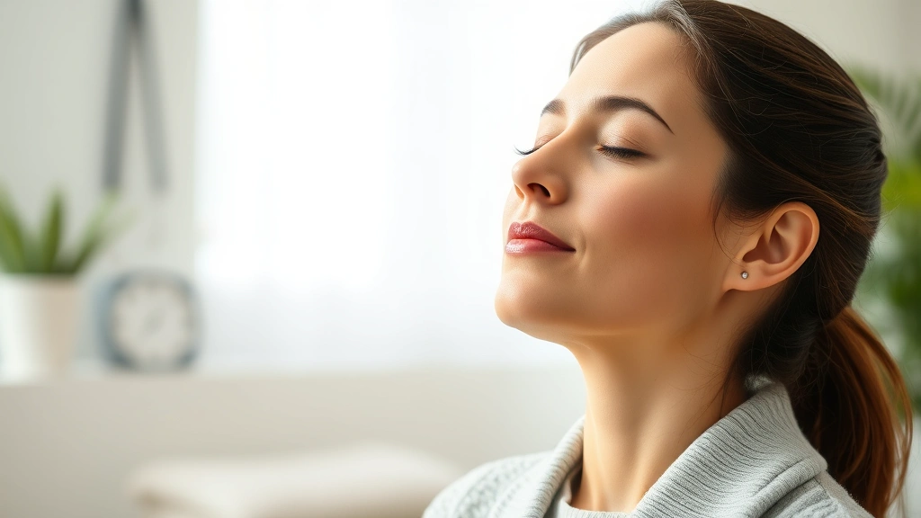 Woman practicing mindful breathing with eyes closed, serene expression, soft natural lighting, professional healthcare environment, calm and peaceful atmosphere, photorealistic