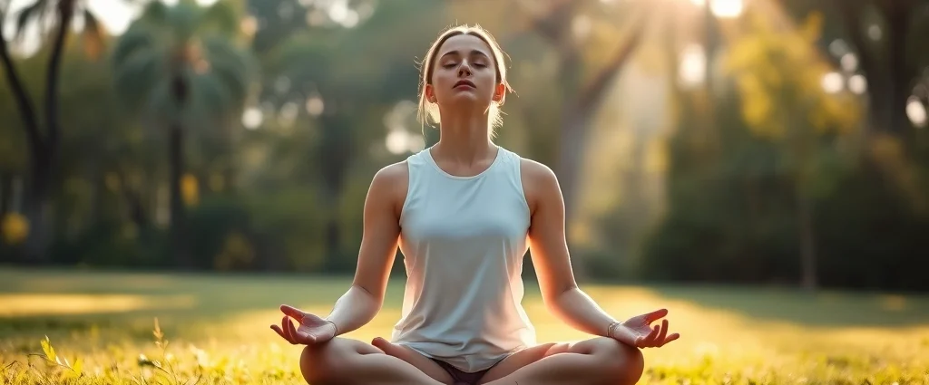 Person meditating peacefully in serene natural setting with soft morning light filtering through trees, eyes closed in calm concentration, sitting cross-legged on grass