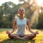 Person meditating peacefully in serene natural setting with soft morning light filtering through trees, eyes closed in calm concentration, sitting cross-legged on grass