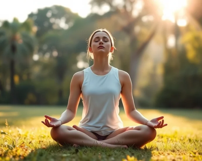 Person meditating peacefully in serene natural setting with soft morning light filtering through trees, eyes closed in calm concentration, sitting cross-legged on grass