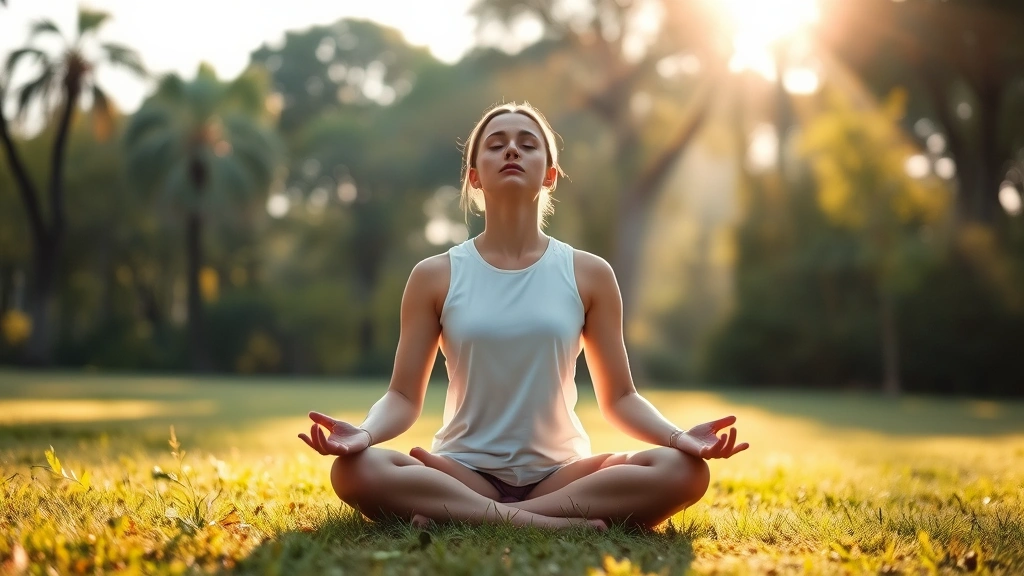 Person meditating peacefully in serene natural setting with soft morning light filtering through trees, eyes closed in calm concentration, sitting cross-legged on grass