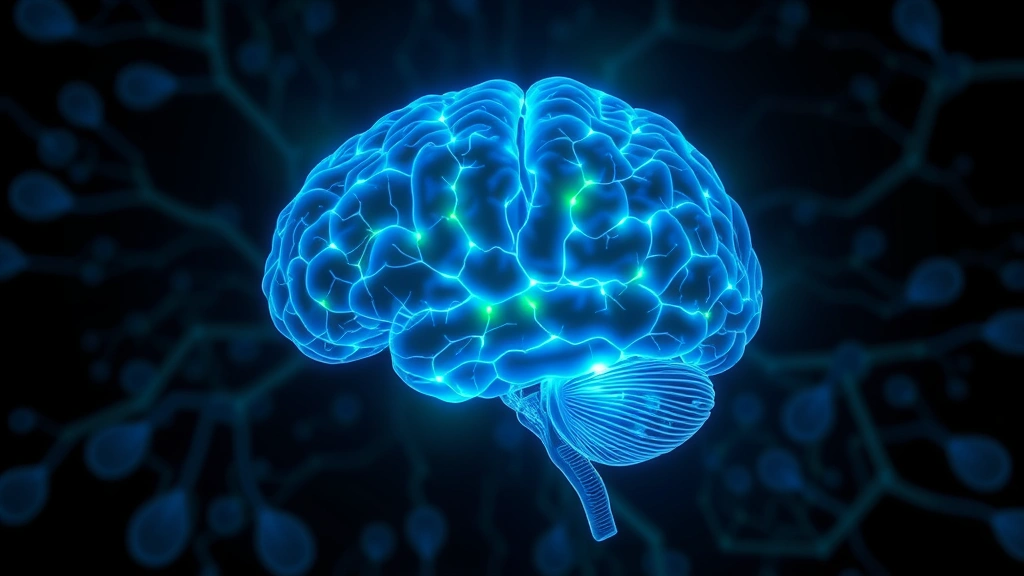 Brain visualization showing neural pathways lighting up in blue and green, representing mindfulness activation in prefrontal cortex and nervous system regulation, scientific medical illustration style