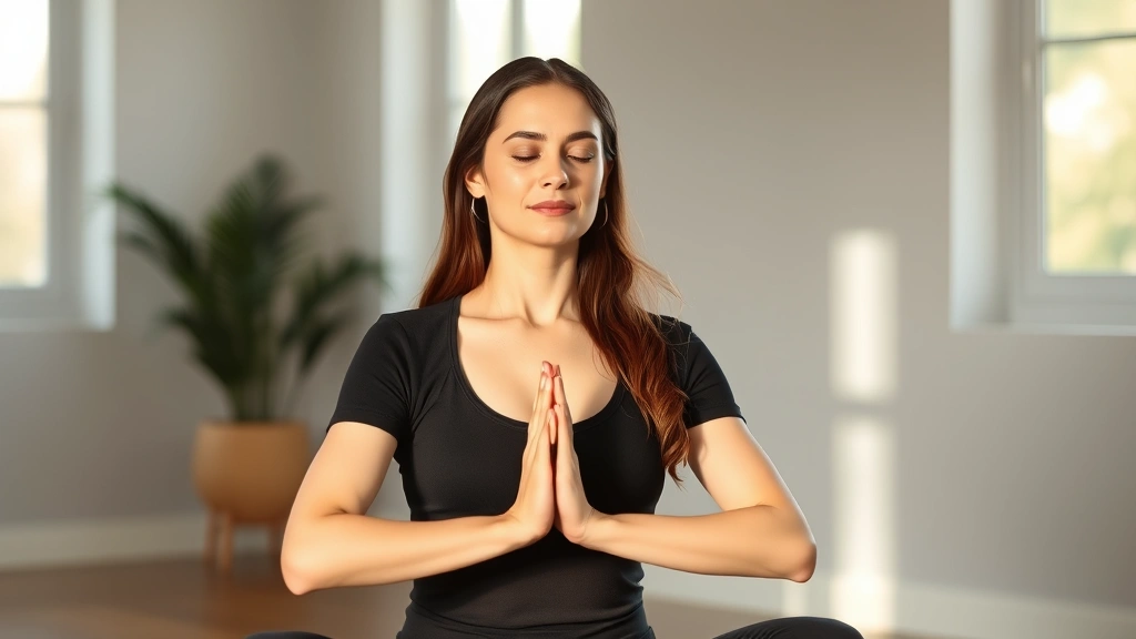 Woman practicing yoga meditation pose indoors with soft natural window light, peaceful expression, hands in mudra position, minimalist zen room environment