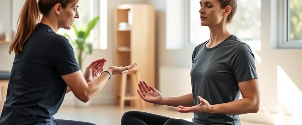 A physical therapist guiding a patient through mindful body awareness during rehabilitation session, patient sitting peacefully with eyes closed, therapist's hands gently positioned, bright clinical room with natural light streaming through windows