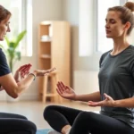 A physical therapist guiding a patient through mindful body awareness during rehabilitation session, patient sitting peacefully with eyes closed, therapist's hands gently positioned, bright clinical room with natural light streaming through windows