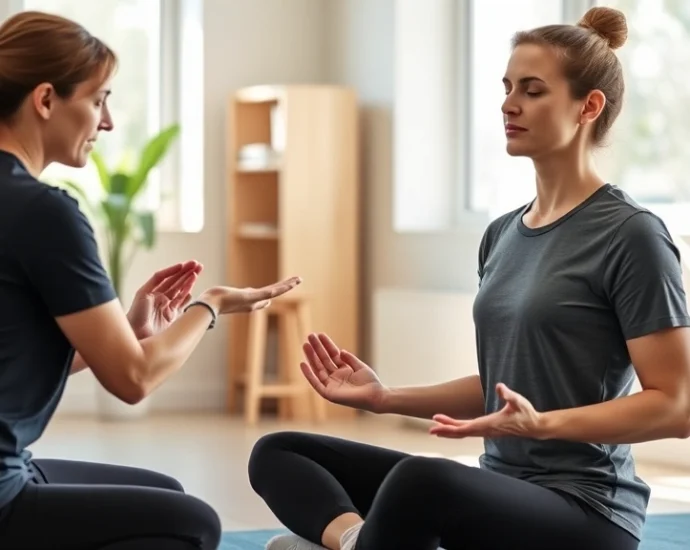 A physical therapist guiding a patient through mindful body awareness during rehabilitation session, patient sitting peacefully with eyes closed, therapist's hands gently positioned, bright clinical room with natural light streaming through windows