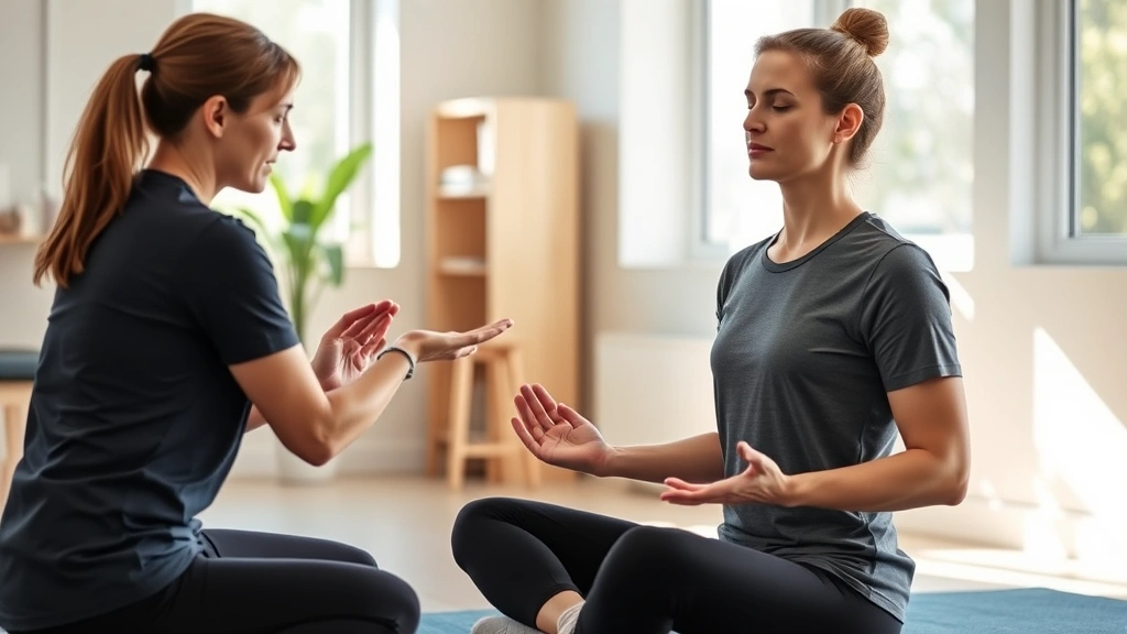 A physical therapist guiding a patient through mindful body awareness during rehabilitation session, patient sitting peacefully with eyes closed, therapist's hands gently positioned, bright clinical room with natural light streaming through windows