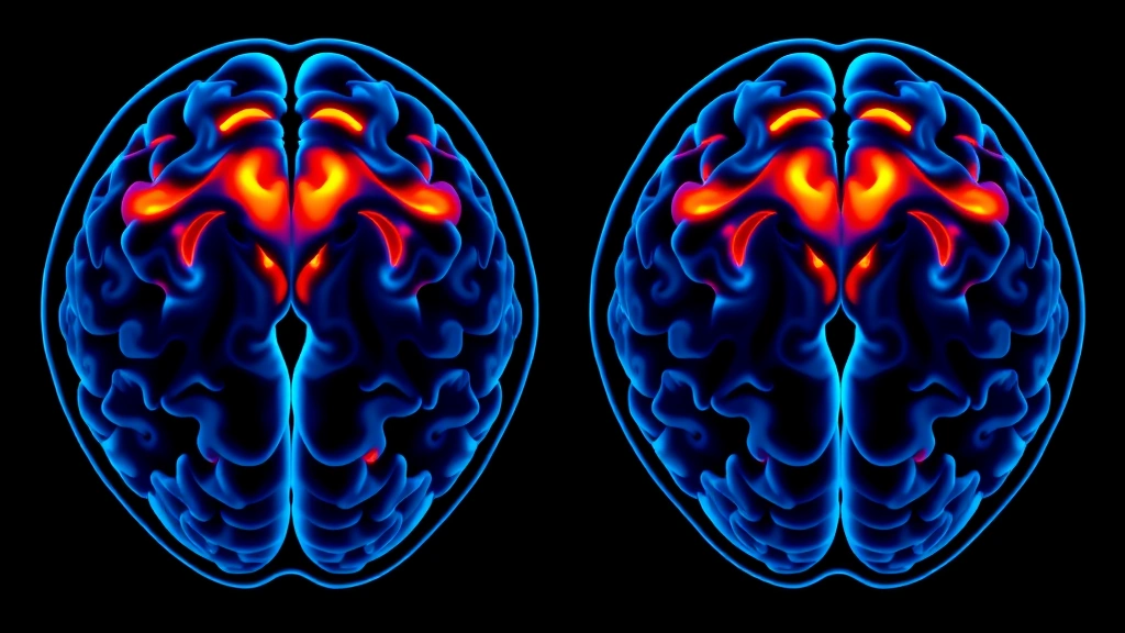 Brain scan visualization showing neural activation patterns during mindfulness meditation, highlighted regions in prefrontal cortex and anterior cingulate cortex, scientific accuracy, deep blues and bright orange highlighting active areas