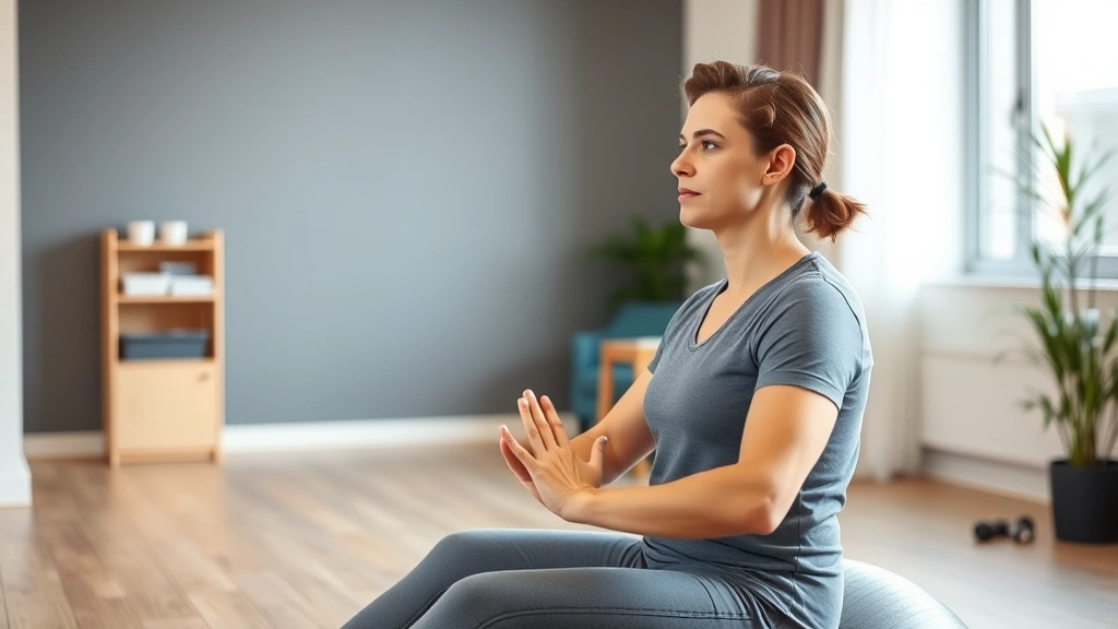 Patient performing therapeutic exercise with focused attention, sitting on exercise ball in neutral spine position, visible muscle engagement, serene facial expression indicating mindful awareness, modern rehabilitation clinic environment