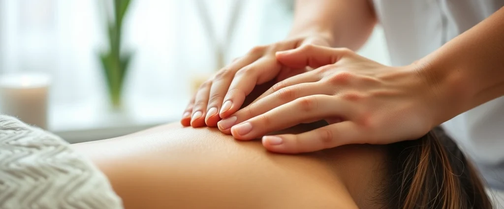 Close-up of hands performing therapeutic massage with mindful awareness, soft lighting, peaceful clinical environment, patient relaxed expression, warm tones