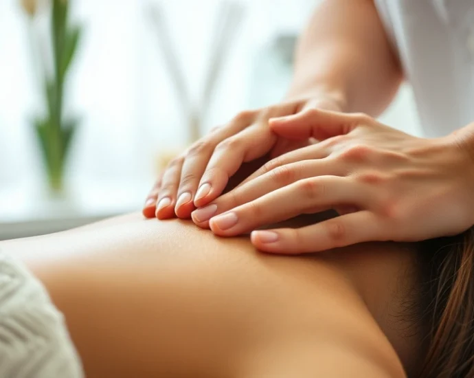 Close-up of hands performing therapeutic massage with mindful awareness, soft lighting, peaceful clinical environment, patient relaxed expression, warm tones